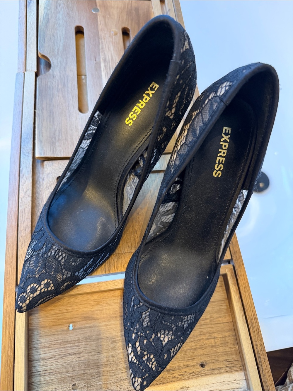 Express Black Lace Pointed-Toe Pumps